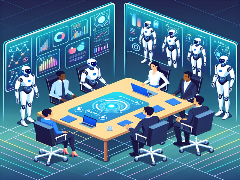 Illustration of AI agents and advisors discussing strategy