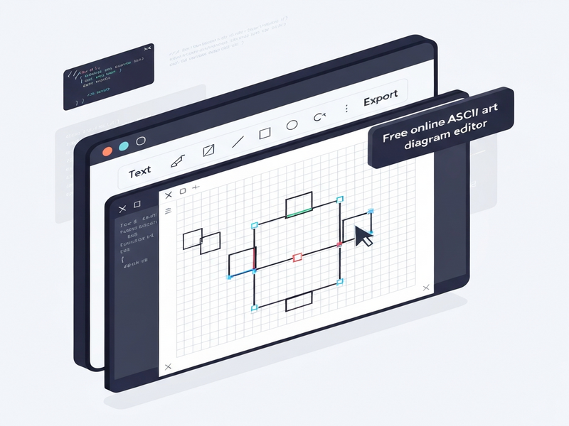 AsciiSketch interface screenshot showing ASCII art creation tools, canvas size controls, and export options