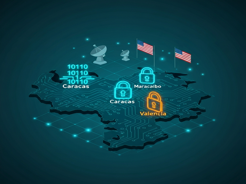Stylized map of Venezuela overlaid with cyber symbols illustrating a large‑scale cyberattack