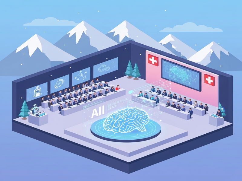 Davos 2026 AI summit with holographic displays and AI‑powered panels