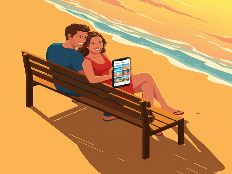 Couple reviewing vacation photos on Google Photos