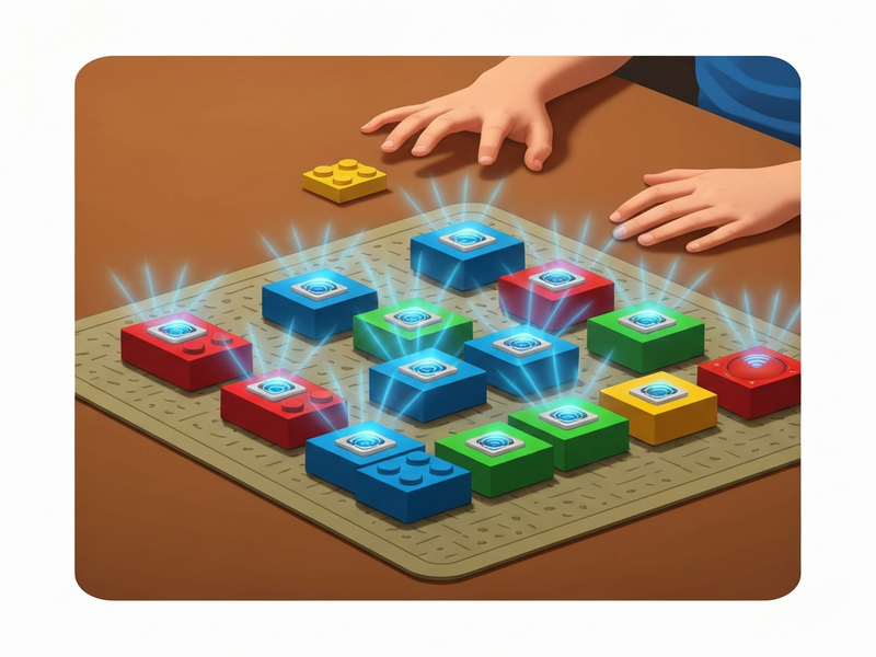 Colorful LEGO SMART Bricks with glowing tags on a play mat