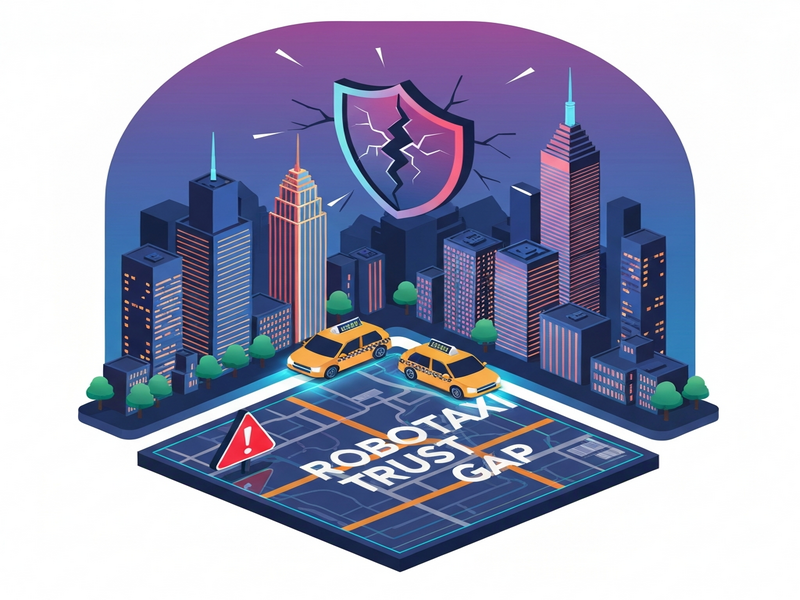 New York skyline with autonomous robotaxi concept illustrating the trust gap in AI transportation