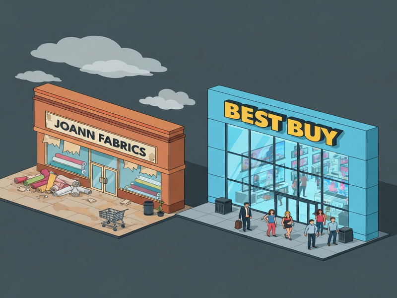 AI‑driven retail analysis dashboard showing Joann Fabrics vs Best Buy performance metrics