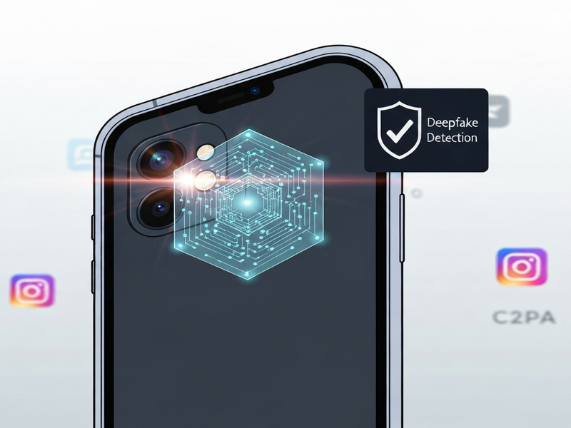 smartphone camera with cryptographic signature overlay and deep‑fake detection badge