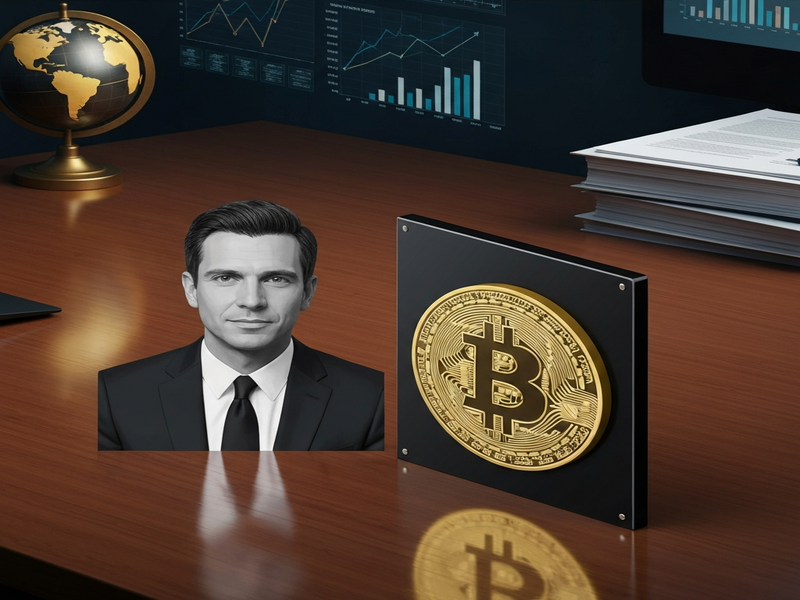 Illustration of Bitcoin symbols intertwined with political icons and a shadowy figure