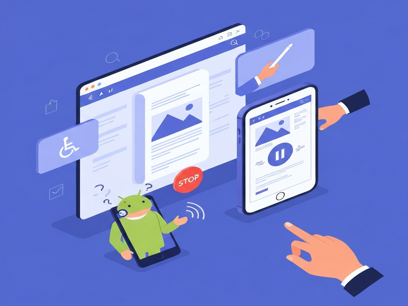 Illustration showing a developer turning off auto‑scrolling on a mobile app while a screen reader announces the change