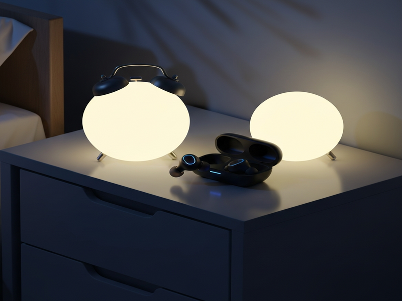 Anker Soundcore Sleep A20 earbuds on a nightstand with sleep‑tech UI