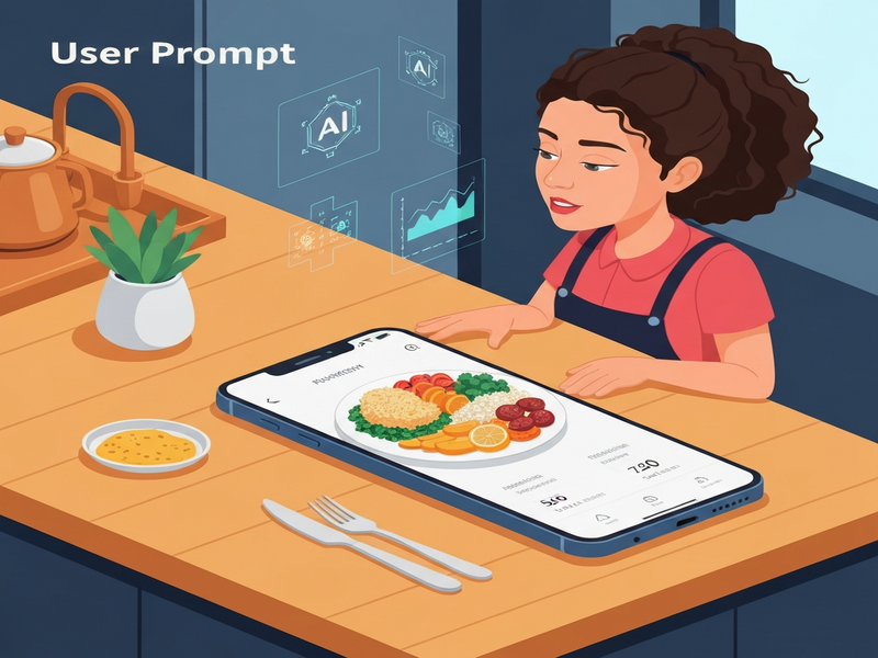 AI-powered food tracking interface showing a smartphone camera analyzing a meal