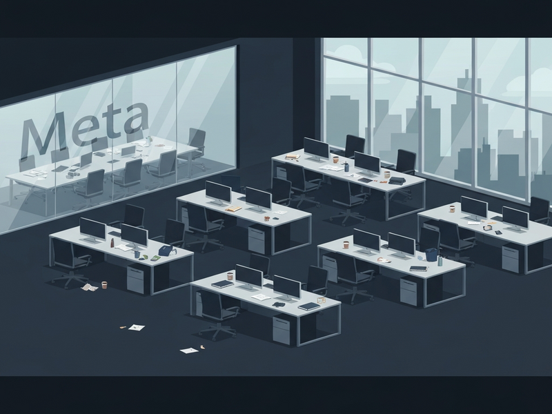Illustration of Meta layoffs – empty desks in a corporate office
