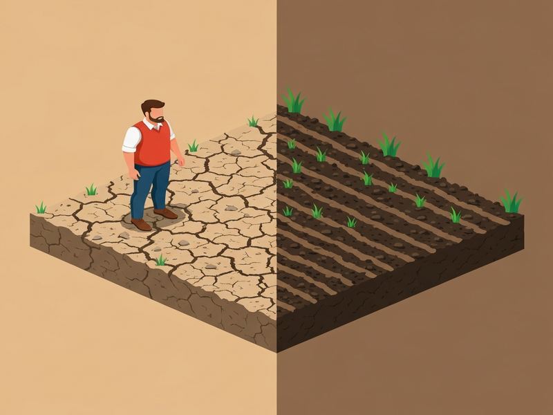 Artistic representation of soil layers and root systems, highlighting the impact of overplowing
