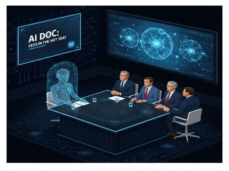 Poster frame from The AI Doc showing AI CEOs in a studio