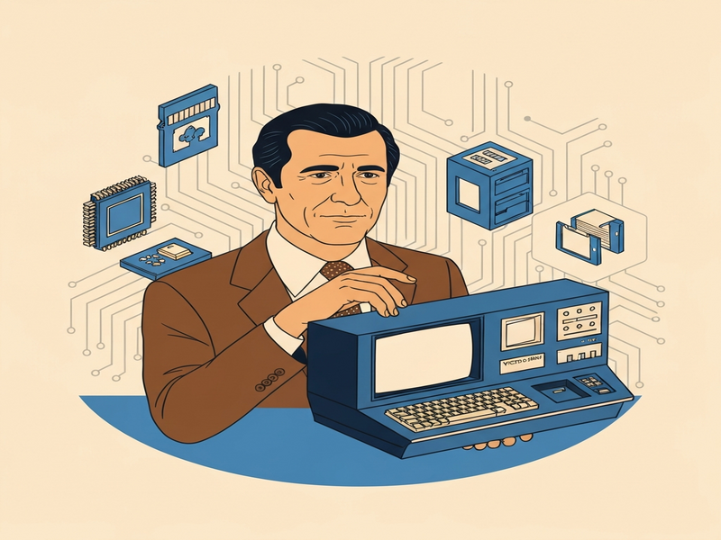 Chuck Peddle portrait with vintage computer illustration