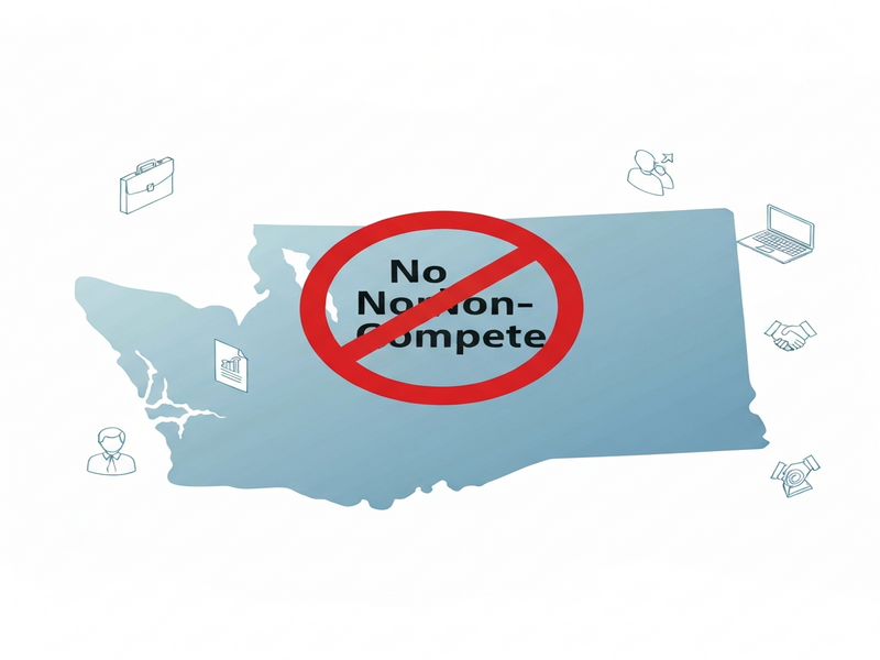Illustration of Washington state with a broken contract symbolizing the non‑compete ban