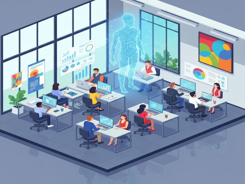 AI boss supervising a diverse office team