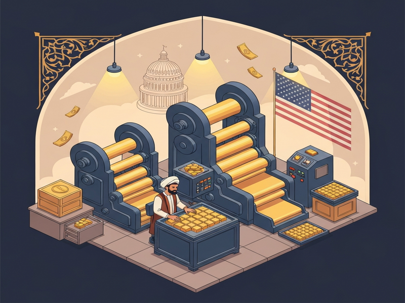 Illustration of Iranian gold minting machines with U.S. political symbols