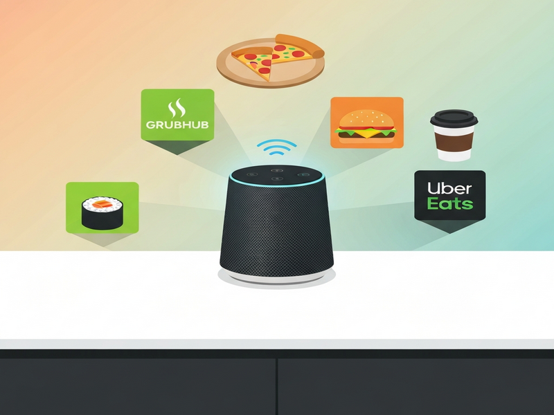 Illustration of Alexa with food‑delivery icons and Grubhub/Uber Eats logos