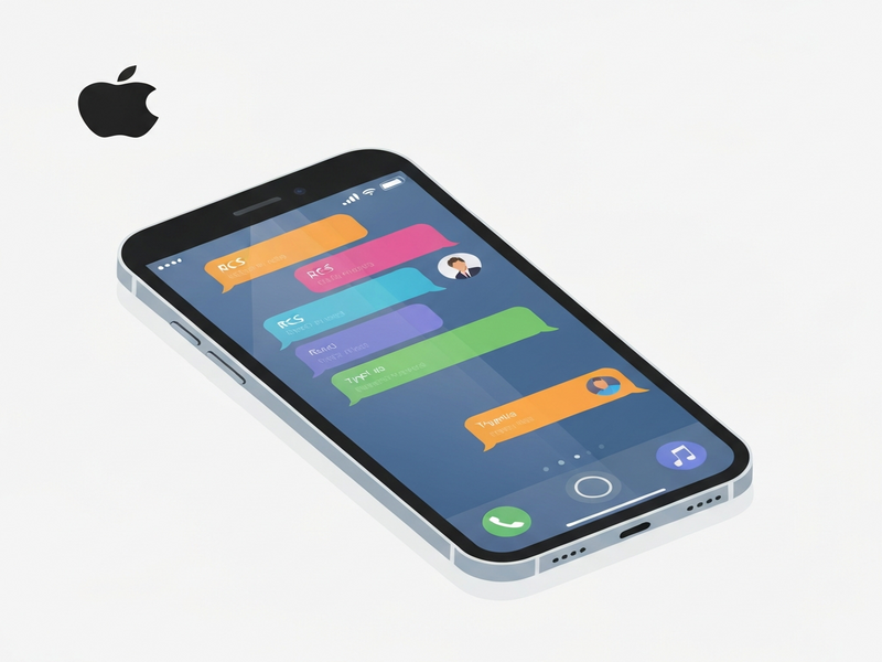 Illustration of an iPhone displaying RCS chat bubbles with Apple logo