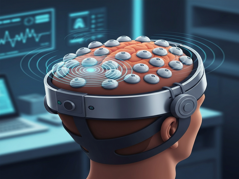 Illustration of a wearable ultrasound BCI headset scanning a human brain
