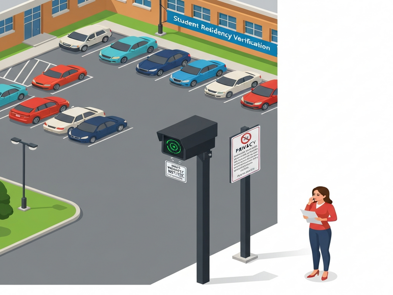 School parking lot with license‑plate‑reader cameras
