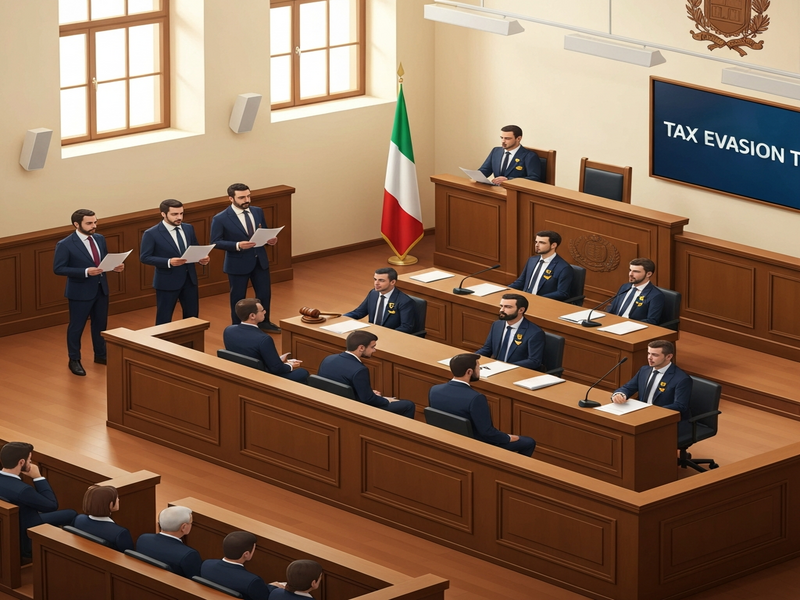 Courtroom illustration of a tax evasion trial