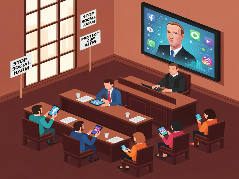 Courtroom scene with parents and tech executives