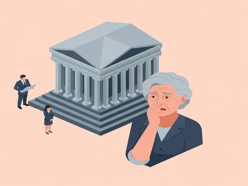 Courthouse and worried elderly woman symbolizing wrongful imprisonment