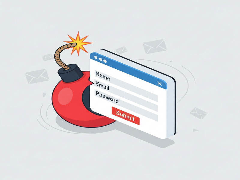 bomb icon merging with a web sign‑up form representing subscription bombing