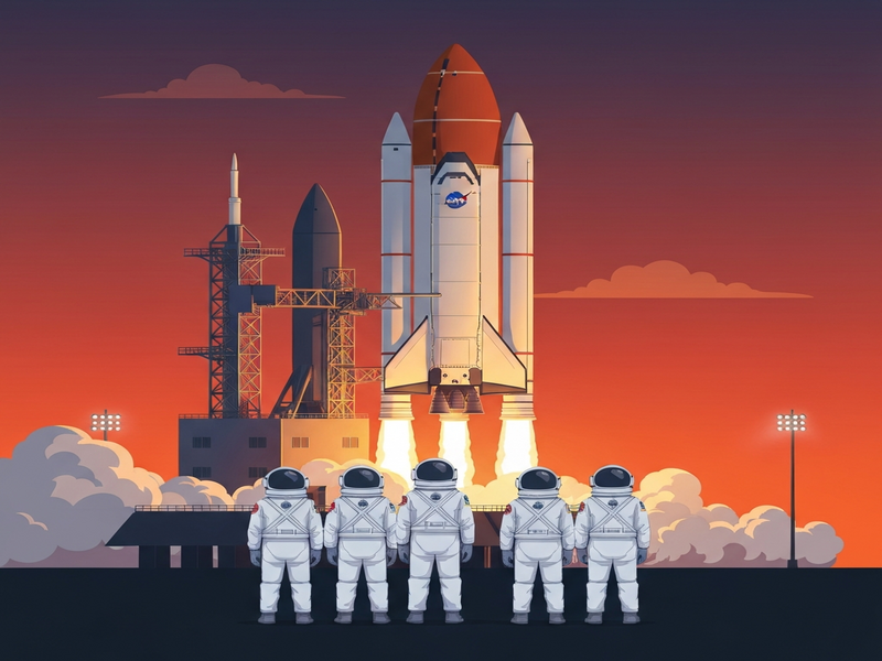 Illustration of the Artemis II crew launch, showing the Orion spacecraft atop the Space Launch System rocket