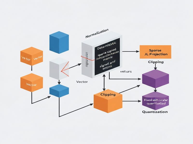 Clark Hash illustration showing the encoding pipeline from raw embedding to 48‑byte sketch