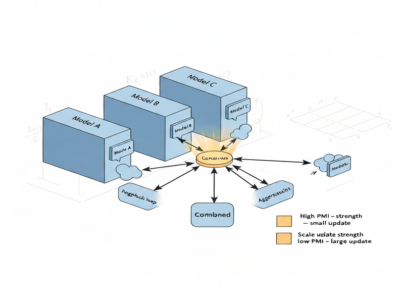 Diagram of Peer-Predictive Self-Training workflow showing prompt distribution, independent generation, consensus aggregation, and self‑training update.