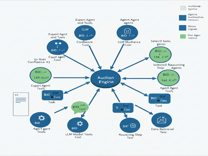 Illustration of Agora’s auction mechanism connecting LLM agents to expert models