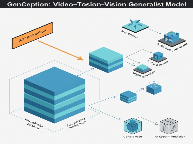 Diagram of GenCeption architecture showing diffusion backbone, task heads, and instruction interface