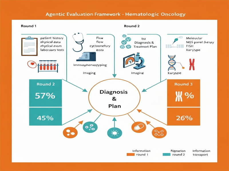 Agentic clinical reasoning loop showing LLM, query engine, and evaluation oracle