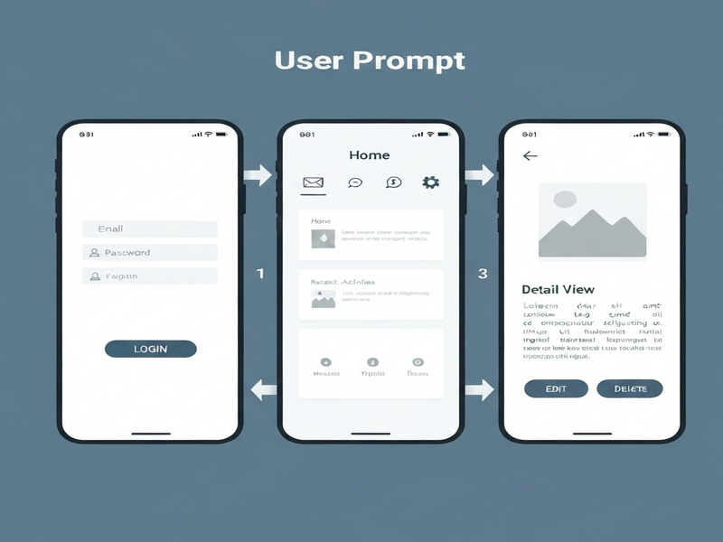 Illustration of multi‑screen app generation pipeline